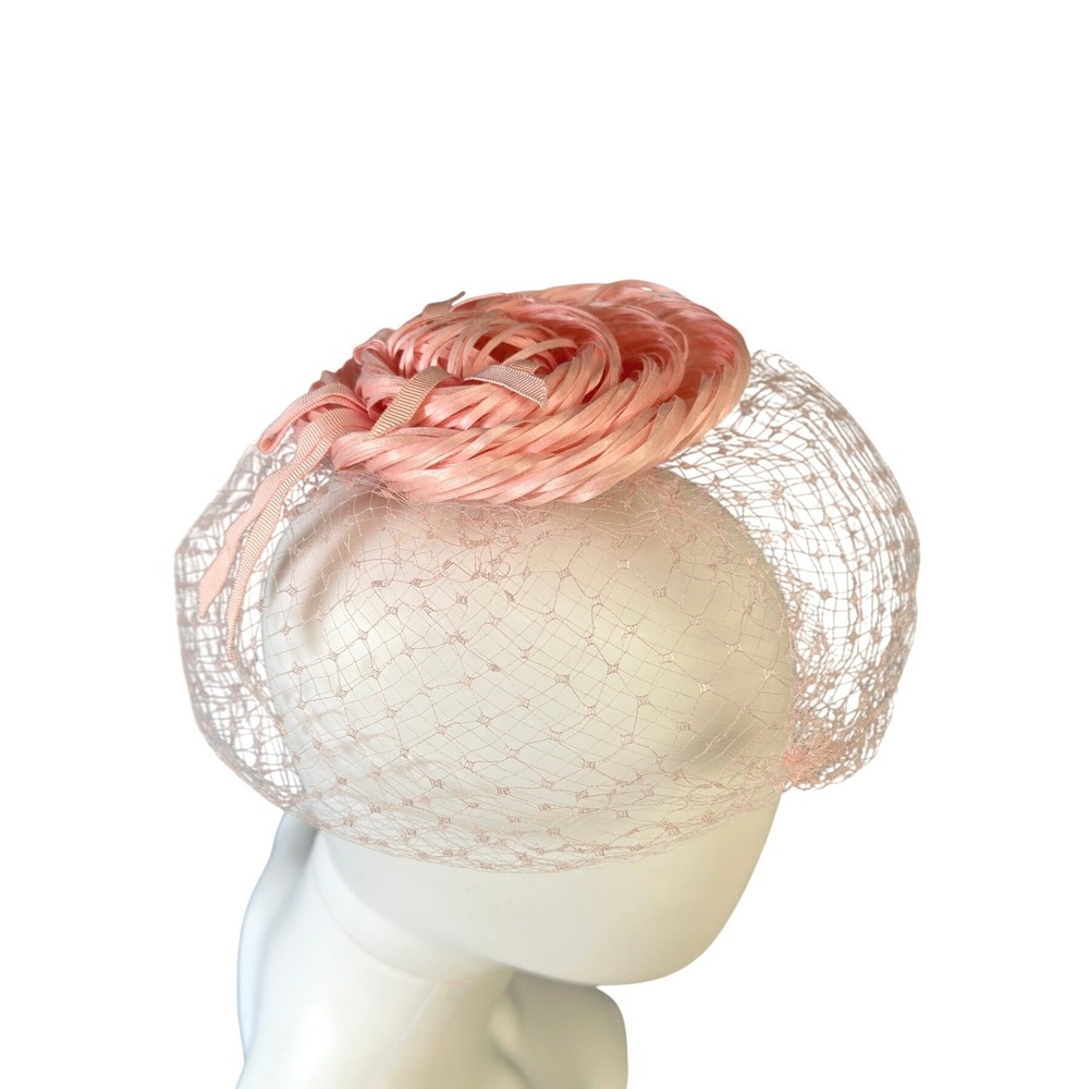 Vintage 50s 60s Pink Tea Party Fascinator Birdcage Veil Hat Floral Rosette JS